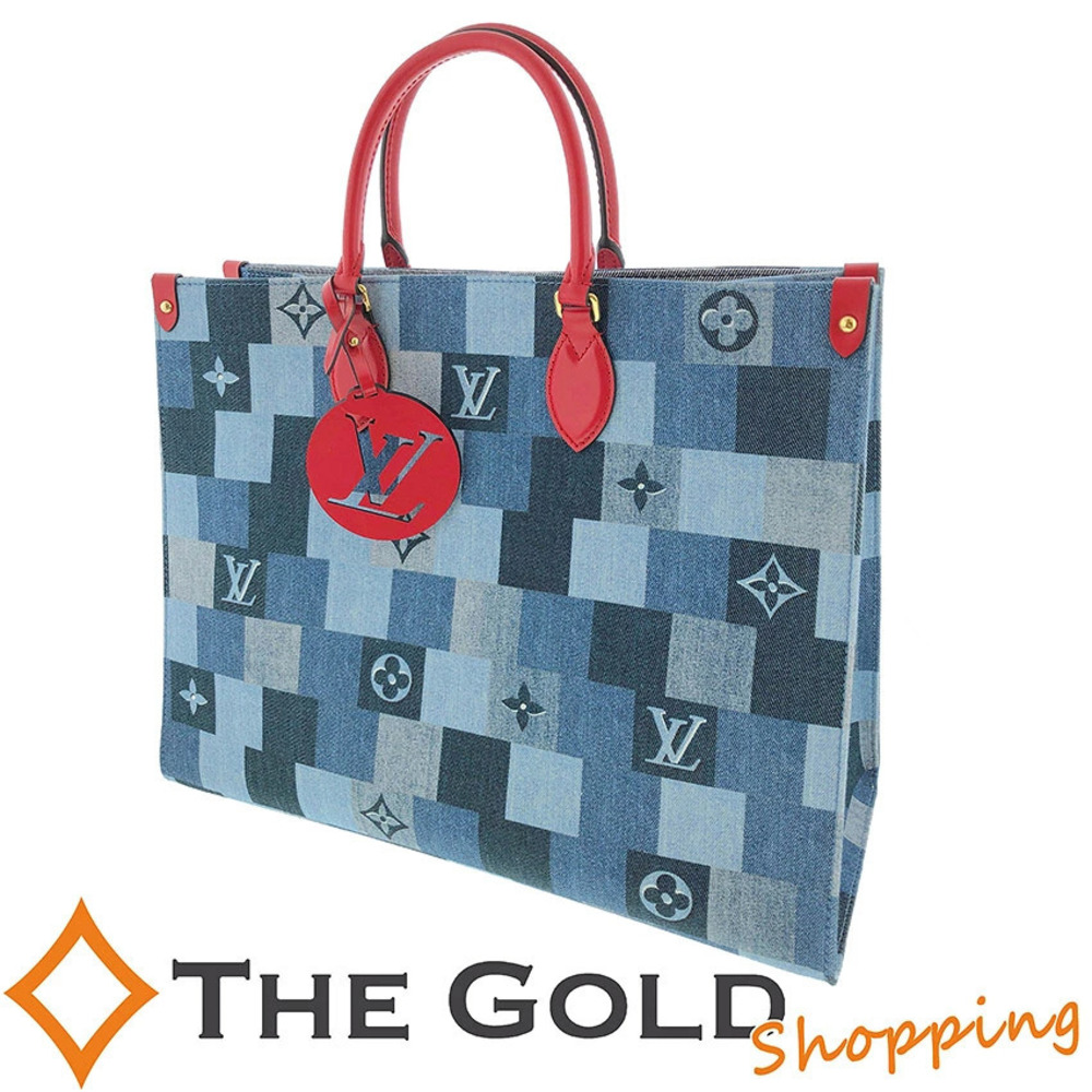 Louis Vuitton OnTheGo Denim Monogram 2Way Shoulder Tote Bag Blue Brown